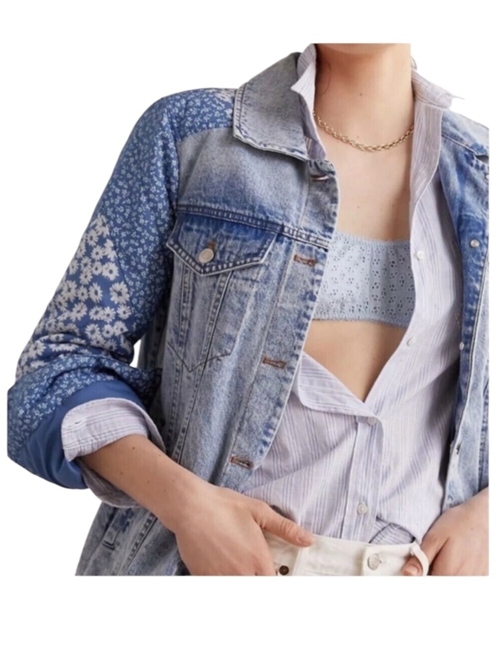 Avec Les Filles denim jean & floral patchwork classic trucker jacket Size Small